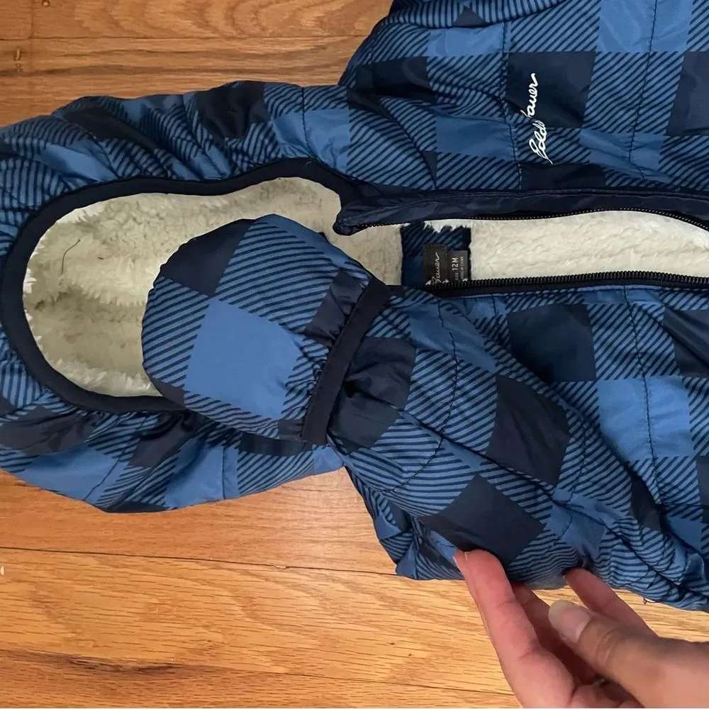 Eddie Bauer Snowsuit Baby 12 Month Navy Blue Plaid Cream Sherpa Down Hooded Suit